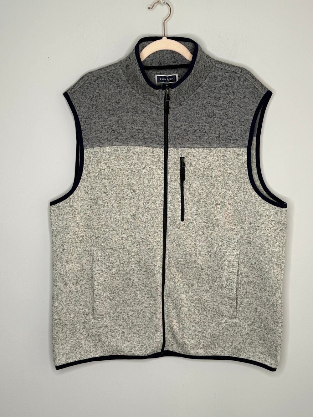 Club Room Mens Heathered Gray Two Tone Fleece Vest Navy Piping  Size XL